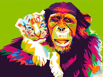 Friend Monkey And Tiger artwork baby baby animals chimpanzee friends illustration monkey popart tiger wpap