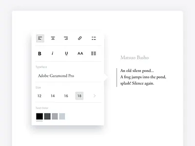 Minimal Rich Text Popup choose color choose font cms content editor design editor first rebound haiku minimal minimalist poem poetry rich text rich text popup style text text control text icons text popup typography ui ui ui ux