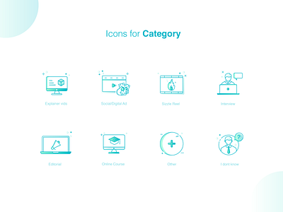 Icons for saas marketplace. digital add editorial explainer vids ico agency icon interview online course icon sizzle reel social add icon vector video category icon video icon