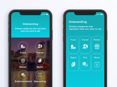 On Boarding Screen apple category entertainment flat food icons ios iphonex onboarding retail sport travel ui desgin ux design