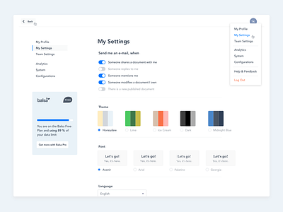 Settings Page (Balsa) app dashboard design interface layout menu navigation settings toggle ui ux