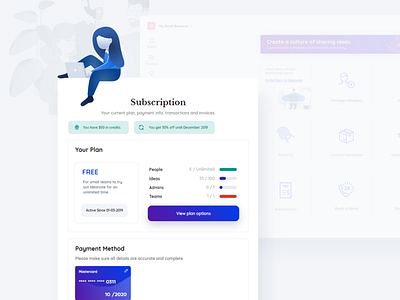 Subscription and Billing Settings Page for a SaaS Platform billing blue credit card freemium idea illustration innovation platform saas settings settings ui sharing upgrade ux