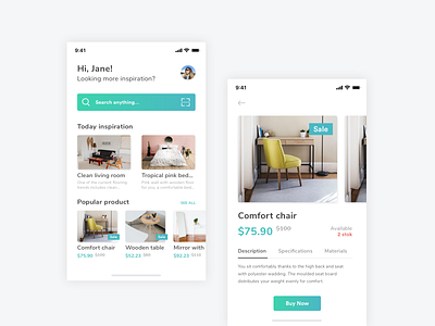 Design Interior Inspiration & Furniture App app application ui clean commerce design furniture furniture app interior ios ui