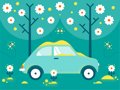 First Day of Spring art bee blue car color cute design equinox fiat flower graphic design green illustration illustrator nature pollen spring texture tree vector