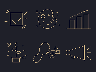 Leadership Icons checkmark cookie gold graph icons line art megaphone plant sparkle stroke icons stroke illustration stroked whistle