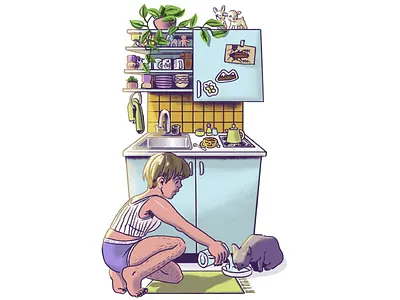 Cute Kitchen adorable cat colorful counter cute dinette feeding girl illustration interiors kawaii kitchen kitchenette sink tile vintage