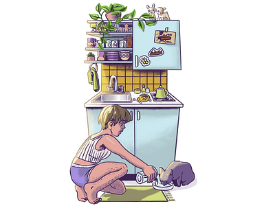Cute Kitchen adorable cat colorful counter cute dinette feeding girl illustration interiors kawaii kitchen kitchenette sink tile vintage