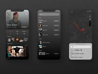 Profile, Followers, Map black concept dark dark app followers gallery iphone like map mobile navigation people photos places profile search social spots ui users
