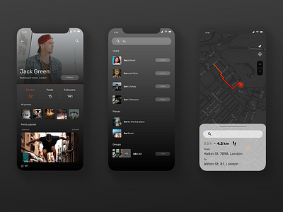 Profile, Followers, Map black concept dark dark app followers gallery iphone like map mobile navigation people photos places profile search social spots ui users