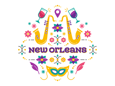 new orleans city colors design flat flowers illustration mardi gras music new orleans ornament ornamental saxophone typography vector