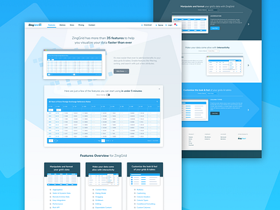 ZingGrid Features Landing Page blue data grid data table data visualization data viz landing page marketing web design website