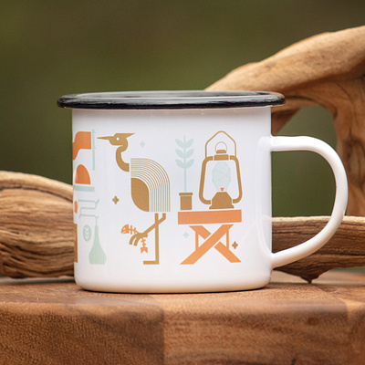 Outdoor Adventure Mug badge design bird branding camping camping mug case study design hand heron icons illustration knife lantern logo mug mushroom outdoors plants rainbow vector