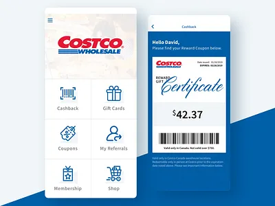 Costco Reward Concept App app blue certificate clean concept costco digital reward gift gift card gift certificate ios ios app iphone iphone x light mobile reward scanning