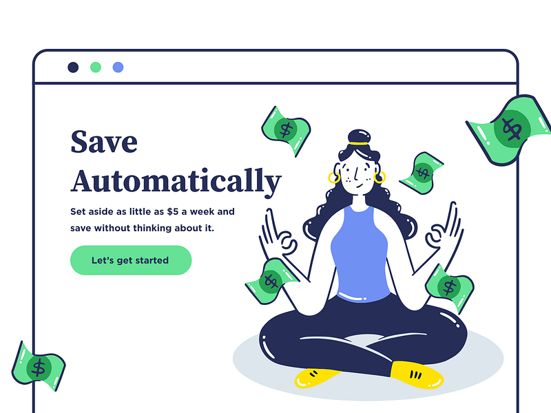 save automatically app claim design girl graphic icon illustration minimal money office relax save saving ui ux vector web yoga