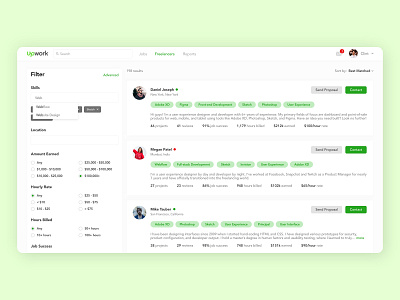 Freelance Job Search Platform / UpWork Redesign concept craigslist facebook filter fiverr fiverr.com freelancer freelancer.com freelancers job board job listing job search messaging search search results searching social app social media social network upwork