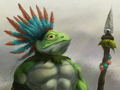 Frog Warrior 2018 animal concept art fantasy frog illustration painting spear tribal