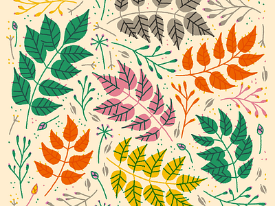 Illustration flowers leaves plants twigs