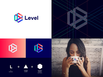 Level 3d band branding identity connection construction diagram geometry gradient hexagon icon l logo negative space outline play sign triangle weave