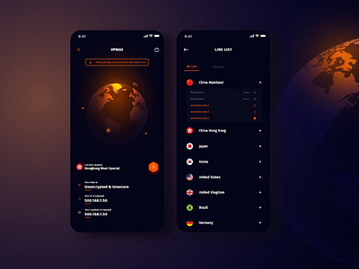 VPN App UI Concept 1 app app design app designer country list design dribbble earth future globe hongkong illustration ui uidesign uiux user interface design ux virtual vpn vpngo web