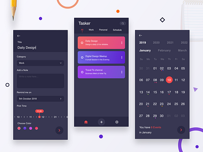 Tasker - A Task Manager App calendar calendar 2019 calendar ui calender cards category color selector daily dark date picker date range gradient inspiration minimal task manager time time picker