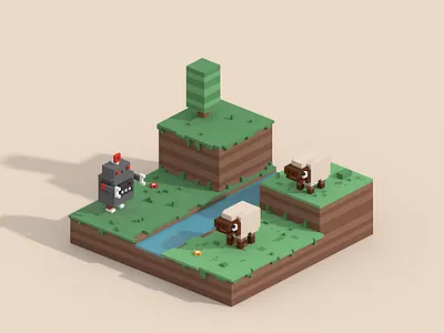Robot vs Sheep - Crossy Road 3d art artist character characterdesign crossyroad cubic cubicle cute design illustration isometric magicavoxel minecraft nature illustration robot sheep tree voxel voxelart