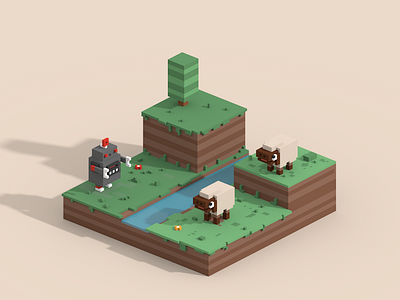 Robot vs Sheep - Crossy Road 3d art artist character characterdesign crossyroad cubic cubicle cute design illustration isometric magicavoxel minecraft nature illustration robot sheep tree voxel voxelart