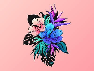 Tropical Bouquet adobe illustrator draw black blue blues flower flower illustration flowers green greens organic pink pinks purple purples tropical tropical flowers tropical leaves vector vector illustration vibrant