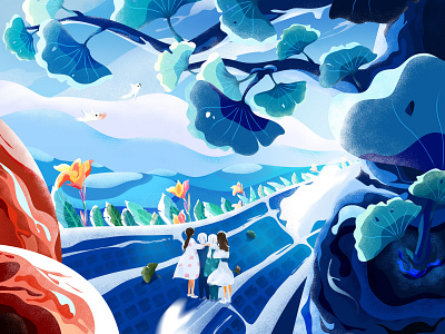 Stroll birds cloud family flowers ginkgo illustration mountain road