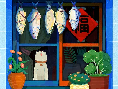 A Window of Fortune cat cute daily fish home house illustration life plant uran window