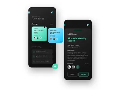 Meeting Planner calendar card design dark theme design events invites ios design meeting meetup planner schedule trending typography ui