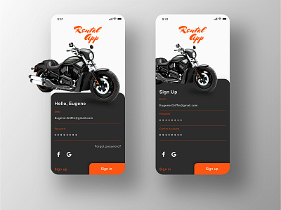 Rental app Concept: Sign Up & Sign In screen app applicaiton clean concept dark app design ecommerce ecommerce app interface ios iphone login mobile motorbike registration rental app sign in sign up ui ux