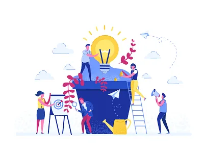 Teamwork flat illustrations 2d characters illustration light bulb mobile plants simple team ui vector