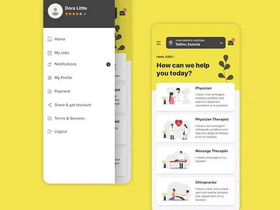 Health App Home Screen and Side Menu app application application design design dribbble dribbleinvite health hospital invitation invite popular ui