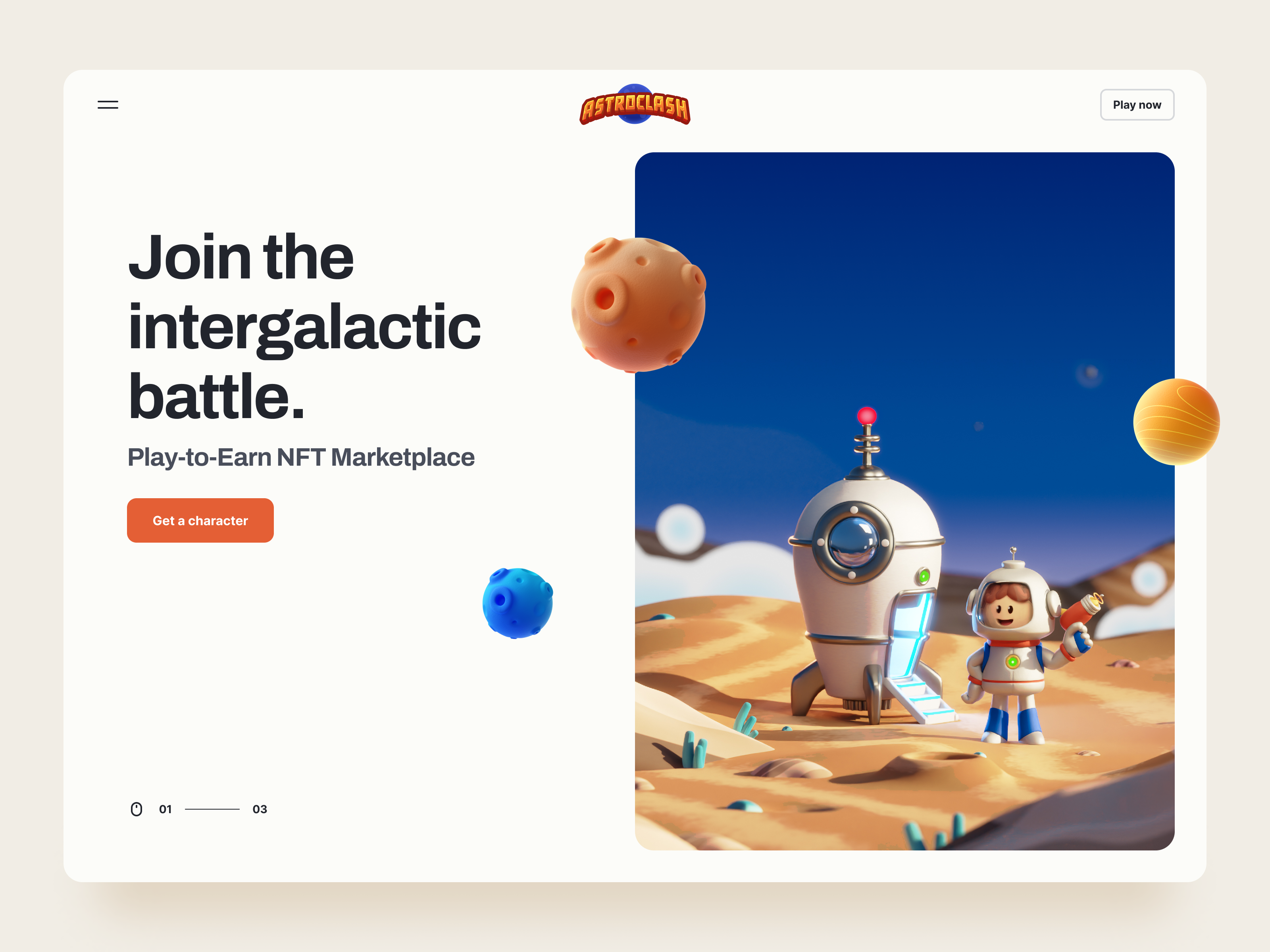 AstroClash – Play-to-Earn NFT Marketplace 👽 3d illustration aliens astronaut clean crypto cute illustration marketplace mars minimal nft nft collection nft marketplace nfts spaceship ui ui design ux ux design web design