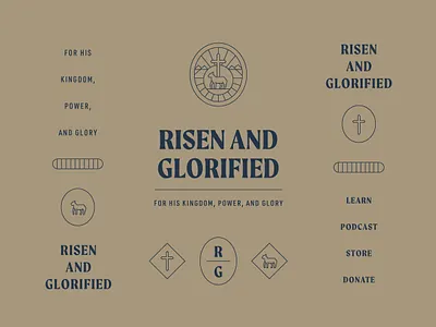 Risen and Glorified Branding badge brand branding christian church cross icon identity jesus lamb logo ministry missions podcast risen type typography vector web website