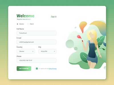 Beauty centre registration form design figma gradient gradient color green illustration registration form registration page ui vector web website