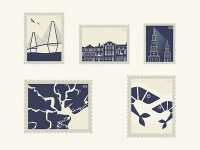 Charleston Themed Stamps charleston churches city design illustrator maps rainbowrow shrimp stamps vector