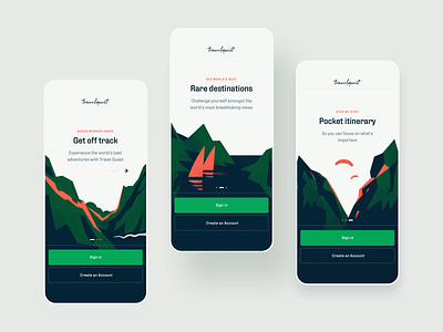 Travel Quest App - Onboarding Illustrations adventures coral green illustration journey mobile onboarding product design product illustration travel app ui