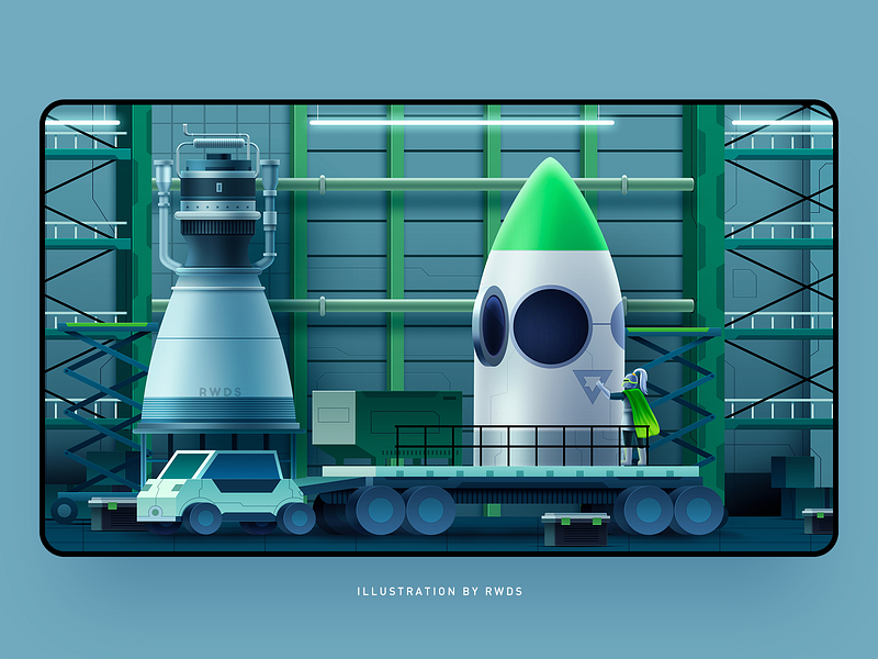 Rocket blockchain crypto factory futuristic illustration industry rocket space universe web3