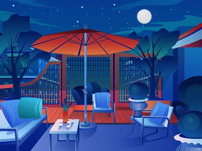 courtyard blue colors courtyard design household illustration leisure month night plant sketch