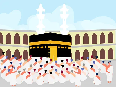 Muslim people praying at kabah character flat design graphic design illustration illustrations islam kabah landing page makah mekah muslim tawaf