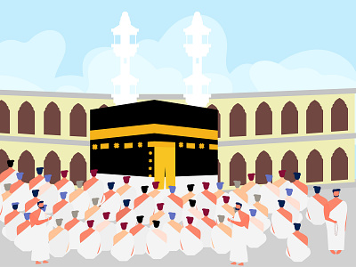 Muslim people praying at kabah character flat design graphic design illustration illustrations islam kabah landing page makah mekah muslim tawaf