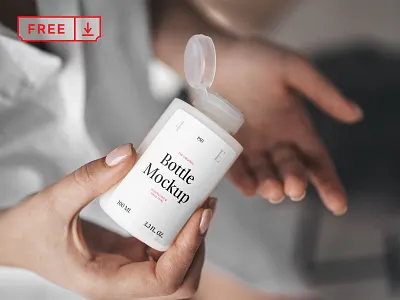 Free Women Holding Mini Bottle Mockup bottle branding cosmetic design download free freebie identity logo mockup mockups plastic bottle psd template typography