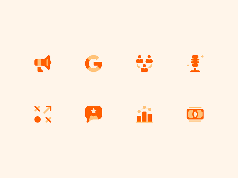 Purple Orange Services Icons agency bar chart chat custom data event gameplan google group icon marketing megaphone microphone money people person rebrand seo strategy vibrant
