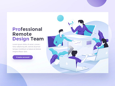 Remote Design Team Hero Landing page business character company comunication design design team flat character flat design flat illustration gradient illustration inspiration landing page purple gradient team teamwork ui ux vector work