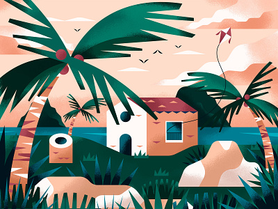 Beach House beach character coconut flat house illustration landscape palms rock texture vector