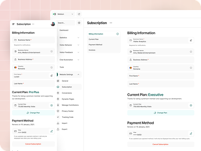 Subscription & Payment Method Settings Design analytics billing composition design details fields grid interface layout payment payment method settings subscription tabs ui ux web3.0