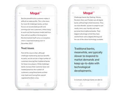 Article content on Mogul News app articles design headings headline ios ios app news news articles newspaper quote reading reading app typeface typography ux