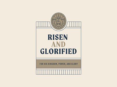 Risen And Glorified Badge badge brand branding church cross gold illustration jesus lamb lines logo ministry monoline podcast print type vector web