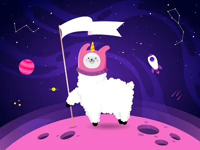 Planet Lama blue design digital art digital illustration dribbble flag hello dribbble illustration illustration art llama llamas pink planet rocket rockstar space ui unicorn universe vector